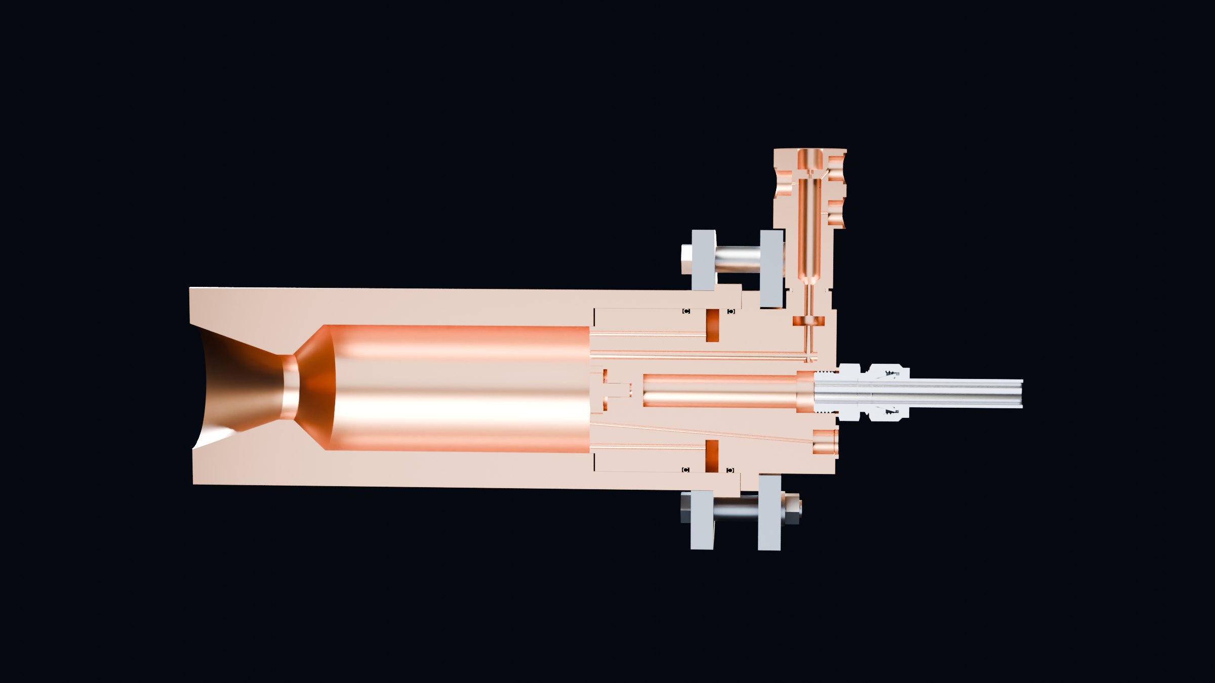 Cutaway render of the Firstfire engine showing the nozzle, copper chamber, injector head and spark torch